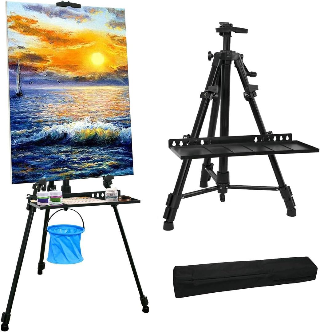 Artist Easel Stand Painting Stand Art Easel, 20" to 61" Art Easel for Painting Canvase & Displaying, Aluminum Adjustable Height Display Tripod with Portable Bag/Folding Keg/Apron.(Black)