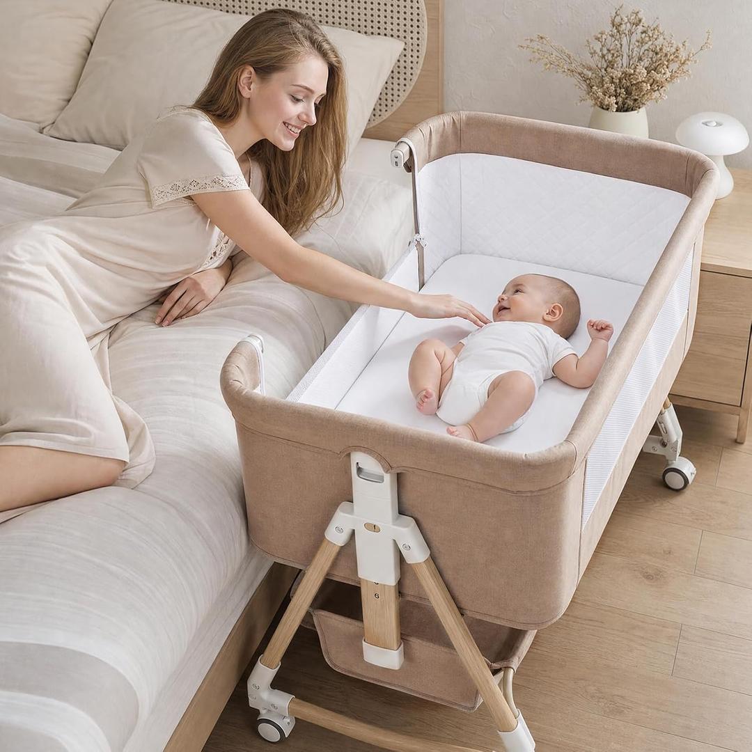 Baby Bassinet, 3 in 1 Bedside Bassinets for Baby, 6 Height Adjustable Bassinet Bedside Sleeper with Mattress, Breathable Mesh, Lockable Univesal Wheels, Storage Basket, Easy to Assemble（Khaki）, Crib