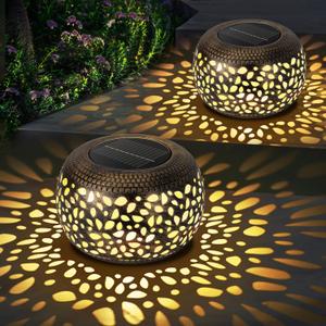Solar Lanterns Waterproof Outdoor Decor: 2 Pack Hollow Out Retro Metal Solar Lights - Unique Gardening Gifts for Women Mom - Outside Garden Yard Patio Porch Tabletop Decorations 2 Lighting Colors