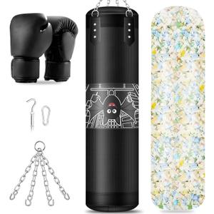 Kids Punching Bag Set, 2.75ft Filled Heavy Bag Kickboxing Bag with 2KG Sponge & 6oz Gloves, Hanging Boxing Bag for Kids Youth Boxing, MMA, Muay Thai, Karate, Martial Art, Home Gym Training