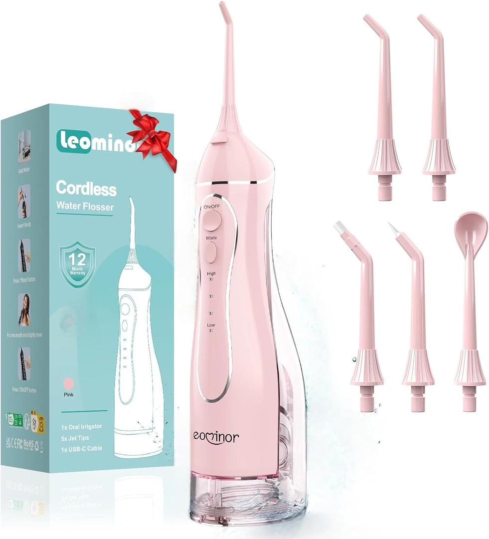 Leominor Water Flosser Pick for Teeth, 300ML Portable Oral Irrigator Upgraded Tank Removable,IPX7 Waterproof, Rechargeable Travel Teeth Cleaner, Professional Electric Flossing Machine (Pink)