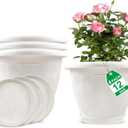 Plastic Flower Pots Planters for Indoor Plants, 4 Pack 12 Inch White Plant Pots with Drainage Hole & Tray, Modern Decorative Large Plant Pot with Saucer for Indoor Outdoor Plants Garden House Planter
