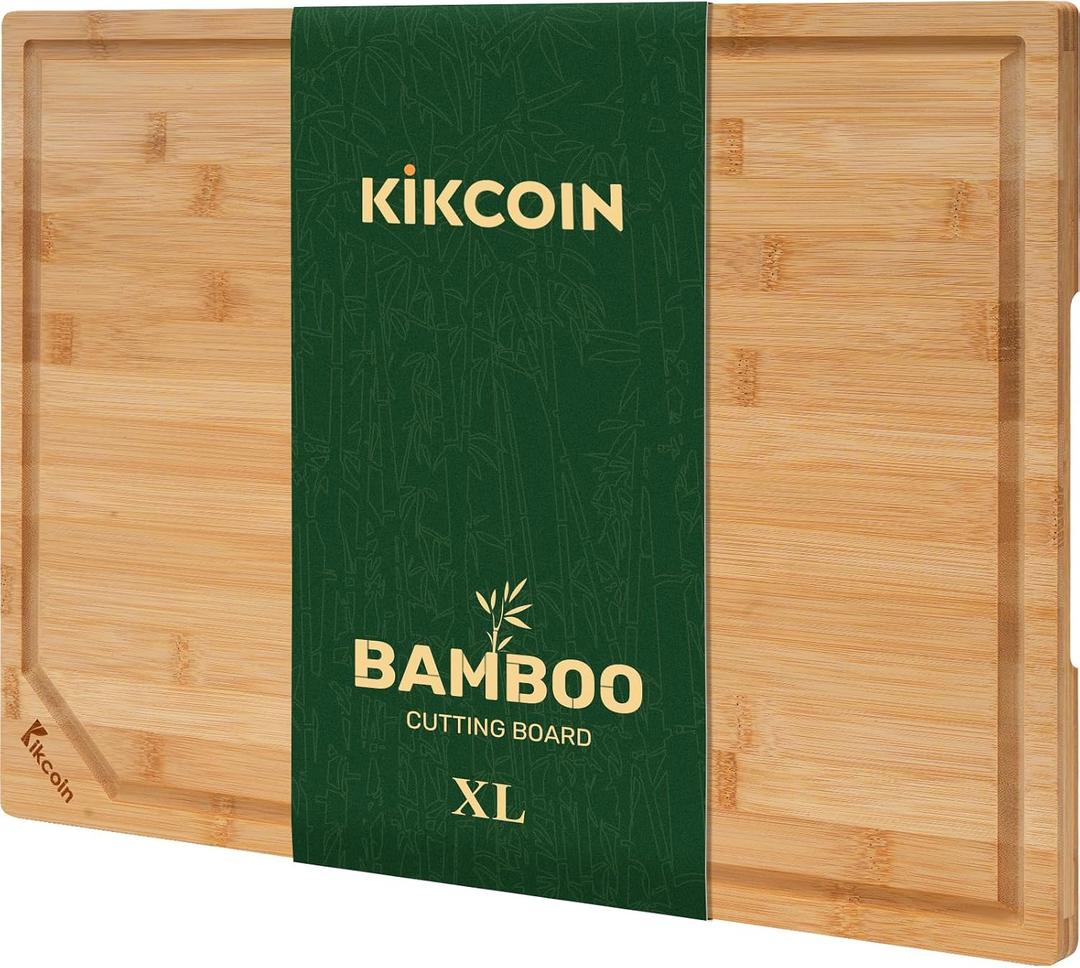 Kikcoin 1711 Bamboo Cutting Boards for Kitchen, Healthy Wooden Cutting Boards for Kitchen, Charcuterie, Vegetables, Cheese, Extra Large Chopping Boards with Deep Juice Groove and Handle, Natural