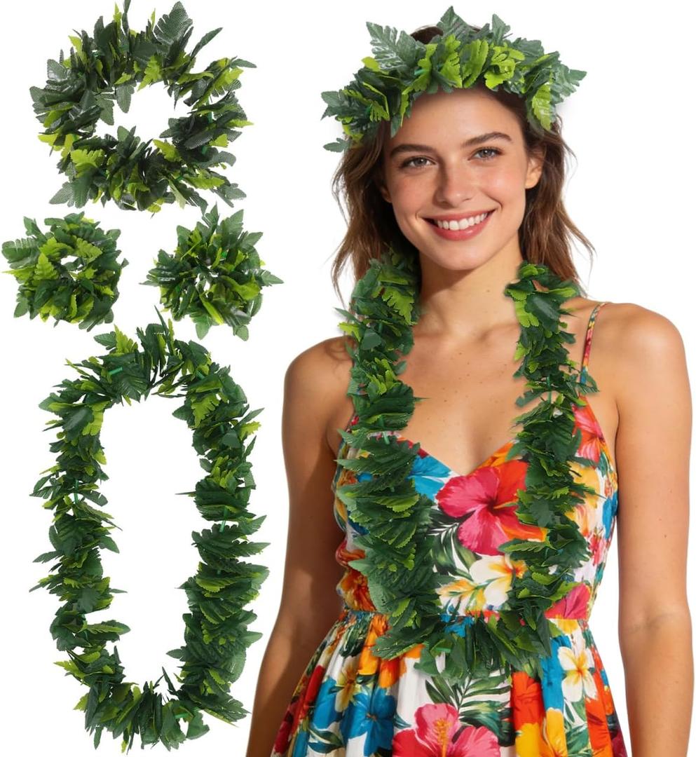 PartyKindom 4-Piece Artificial Green Leaf Hawaiian Lei Set, Headband, Necklace & Wristbands for Luau Tropical Beach Party, Girls Women Hula Costume Accessories