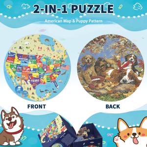 Puzzles for Kids Ages 4-6, 2-in-1 Kids Puzzle with US Map and Puppy, 70 Piece Round Large Floor Puzzles