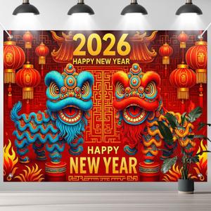 2026 Happy Chinese New Year Backdrop 8x6ft Chinese Lion Dance Red Lantern Palace Banner Photography Background for Lunar New Year Party Decoration Spring Festival Celebration Photo Booth