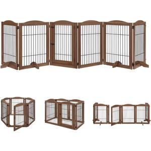 unipaws Pet Playpen with Wood and Wire, 6 Panels Extra Wide Freestanding Walk Through Dog Gate with 4 Support Feet, Foldable Stairs Barrier Pet Exercise Pen for Dogs Cats