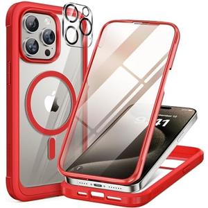 Miracase Magnetic for iPhone 15 Pro Max Case 6.7'' [Compatible with Magsafe] Full-Body Military Drop Proof for iPhone 15 ProMax Case with Built-in 9H Tempered Glass Screen Protector,Red