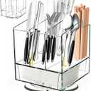 Acrylic Utensil Holder 360 Rotating, 2 Tier Silverware Organizer with Napkin Storage, Space Saving Countertop Caddy for Kitchen Table, Party, Holds Forks, Spoons, Knives, Napkins (Clear)