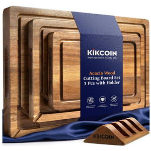 Kikcoin Acacia Wood Cutting Boards for Kitchen, 3 PCS Wooden Cutting Board Set with Holder, Chopping Board with Compartments and Juice Groove, Solid Charcuterie Boards Serving Tray Wood Butcher Block