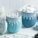 Qtip Holder Dispenser Bathroom Canister with Lid, Apothecary Jar Container for Vanity Makeup Organizer Storage - 14 oz Ceramic Jar for Cotton Swab Cotton Round Pad Floss Picks Hair Clips, Teal Blue 1Pack