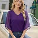 Uhiger 3/4 Length Sleeve Womens Tops V Neck Chiffon Blouse Dressy Casual Double Layered for Weekend Outings and Everyday Wear (Purple, XXL)