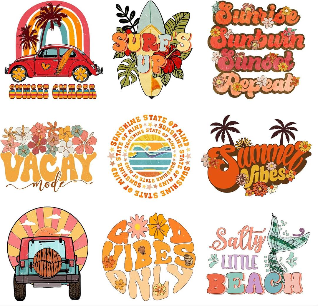 9Pcs Summer Vibes Beach Iron On Decals for Clothing Summer Vacation Iron On Patches DIY Heat Transfer Stickers for T-Shirt Jean Appliques