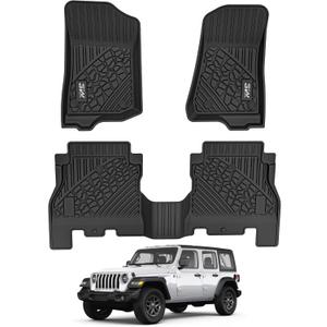3W Floor Mats Compatible for Jeep Wrangler JL 2018-2024 2025 Unlimited 4-Door Sahara Willys Rubicon(Non JK or 4XE) All-Weather TPE Floor Liner for 1st and 2nd Row Full Set Car Mats, Black