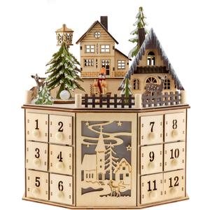 Clever Creations Wooden Christmas Advent Calendar, Countdown to Christmas, LED Holiday Decoration, Battery, Round Village