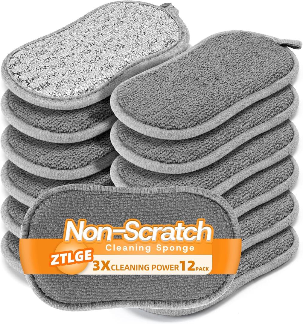 Multi-Purpose Scrub Kitchen Sponges 12 Pack Dish Sponge, Dual-Sided Non-Scratch Microfiber & Metal Scrubber, Reusable Sponges for Dishes, Pots, Glass, Sink, Stovetop & Bathroom (Gray)
