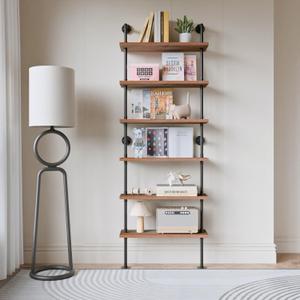 Pipe Industrial Shelves, Wall Mounted Wood Metal Ladder Rustic Bookshelf (Walnut Color, 6 Tier - 10" D x 30" W x 82.5" H)