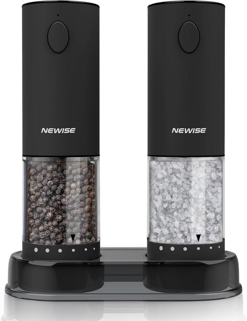 Electric Salt & Pepper Grinder Set, Rechargeable with LED Light & External Coarseness Adjustment, One-Hand Operation, Birthday Kitchen Gifts for Mom Home Cooks & Families - Black