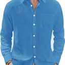 J.VER Men's Linen Shirts Casual Button Down Long Sleeve Shirt Solid Spread Collar Summer Beach Shirts with Pocket, Size XXL