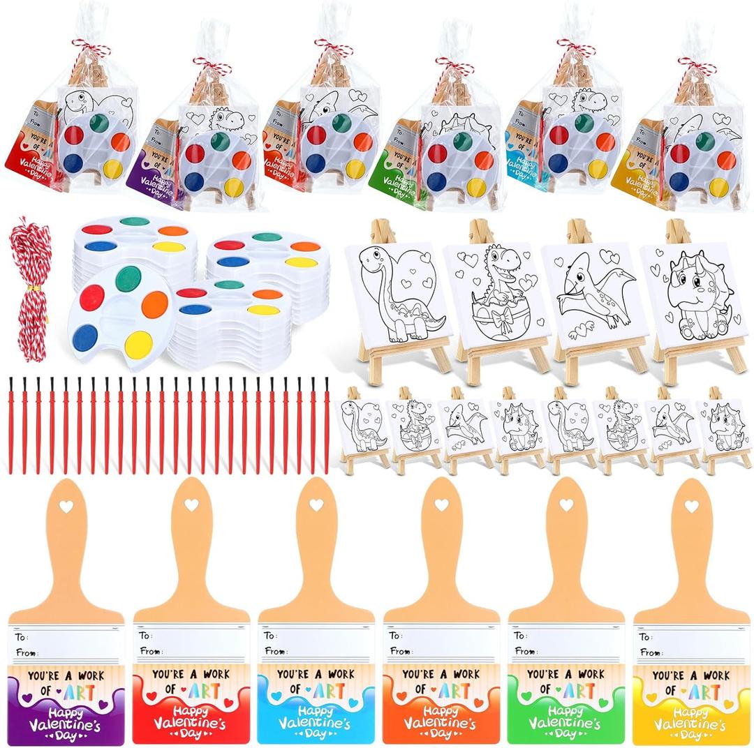Skyygemm 24 Sets Valentines Day Gifts for Kids Valentines Cards Mini Painting Canvas Panel with Wooden Easel Watercolor Paints Brush Kit for School Classroom Exchange Gifts(Dinosaur)