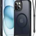 for iPhone 15 Case & iPhone 14 Case with Screen Protector+Lanyard Wrist Strap,Magnetic Translucent Matte Rugged Slim Phone Cover Built in Invisible Kickstand [Fit for MagSafe],Black