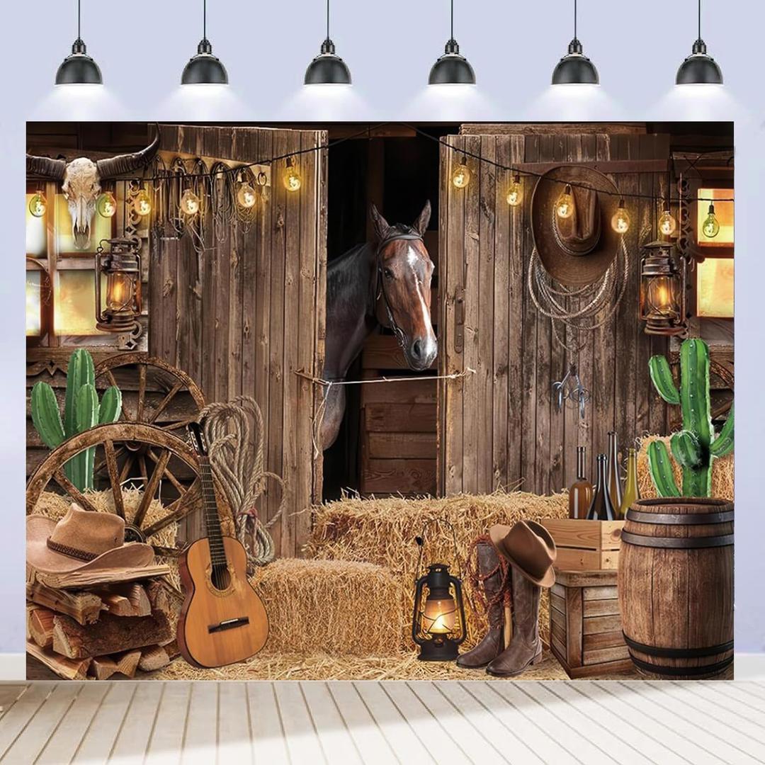 Western Cowboy Backdrop 10x8ft Western Themed Party Decorations Banner for Adults Kids Wild West Rodeo Country Horse Barn Door Saloon Rustic Farmhouse Backdrops for Photoshoot Polyester Fabric