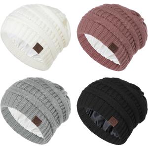 Zando 4 Pack Satin Lined Beanie for Women Men Teen - Warm Slouchy Winter Beanie Hats Sleep Cancer Knit Skull Cap