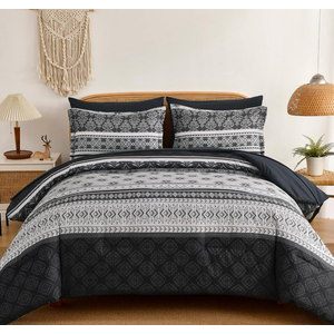Boho Comforter Set Queen Size,7 Pieces Bohemian Comforter Bedding Set Bed in a Bag,Dark Grey Paisley Floral Comfortet and Sheet Set,Soft Gray Striped Bedding Sets for All Season