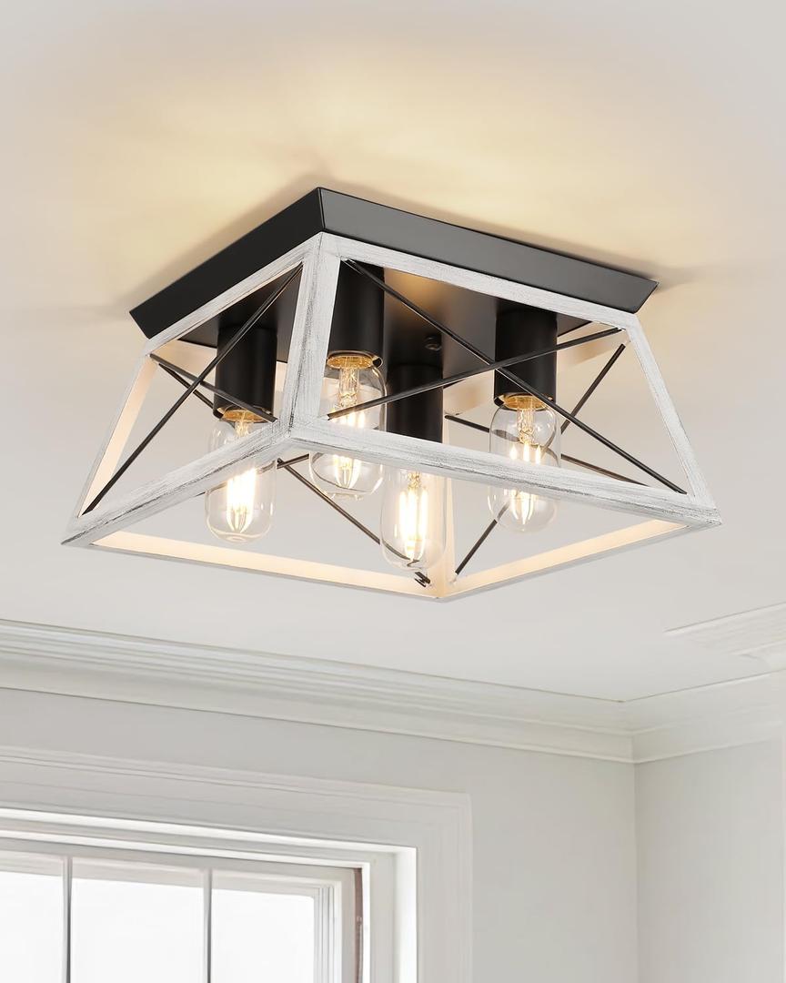 Farmhouse Oak White Flush Mount 4-Light Industrial Kitchen Ceiling Lights, Rustic Flush Mount for Dining Room, Bedroom, Hallway, Entryway, Foyer