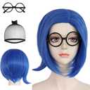 JoneTing Blue Sad Wig+Hair Cap+Glasses Short Straight Blue Sad Bob Wigs Women Short Sad Blued Cosplay Costume Wigs for Female Cosplay Outfit Halloween