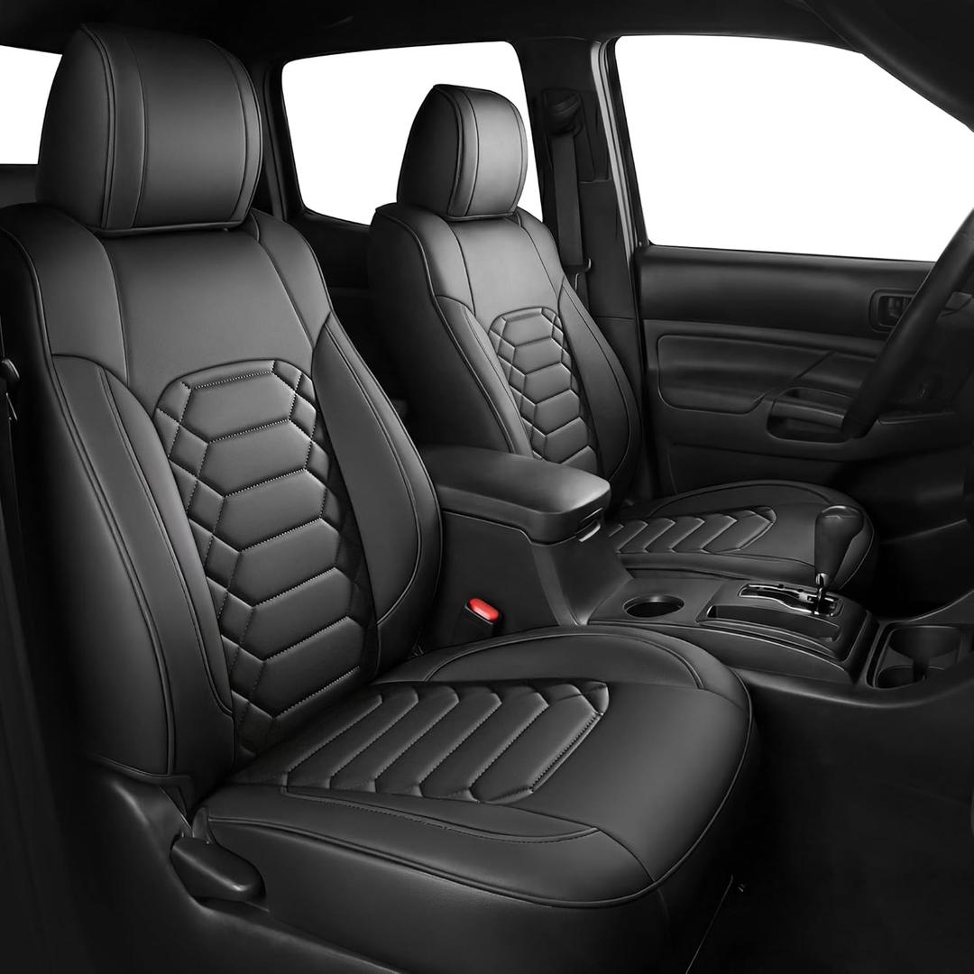 FREESOO Tacoma Seat Covers Custom Fit for Toyota Tacoma 2005-2015 Double Crew Cab Faux Leather Full Set Pickup Truck Seat Covers (Full Set, Black)