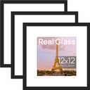 upsimples 12x12 Picture Frame Made of High Definition Glass, Display Pictures 8x8 with Mat or 12x12 Without Mat, Gallery Wall Frame Set, Black