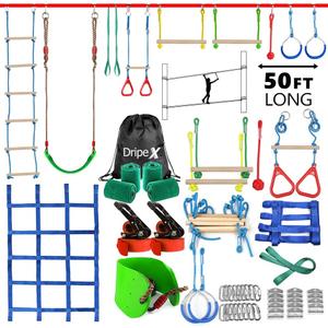 Ninja Warrior Obstacle Course for Kids Backyard - 250ft Slackline Kit with 10 Most Complete Accessories for Boys & Girls, Swing, Rope Ladder, Gymnastic Ring, Climbing Net, Arm Trainer and Monkey Fist (2x50FT + 10 attachments)