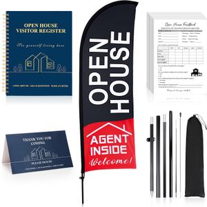 Buryeah 153 Sets Open House Signs for Real Estate Agents Including 1 Open House Feather Flag and Pole Kit 1 Pcs Visitor Guest Register Notepad 1pcs Tent Card and 150 Pcs Feedback(Black)