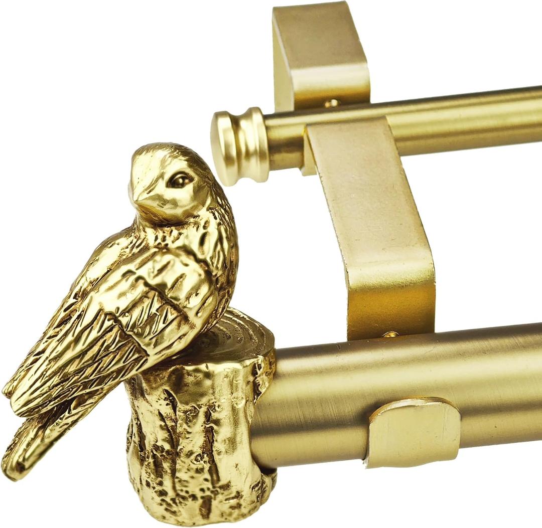 1-1/8 Inch Diameter Brushed Gold Curtain Rod with Bird Design Finials, 36-72'' Telescoping Double Curtain Rods for window width 24-68 inch, 1 pack