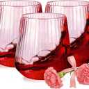 30 Pack Pink Plastic Ribbed Wine Glasses, 12 OZ Origami Stemless Disposable Wine Champagne Whiskey Glasses Unbreakable Clear Plastic Cocktail Glasses, Wine Cups for Party Wedding & Mother's Day