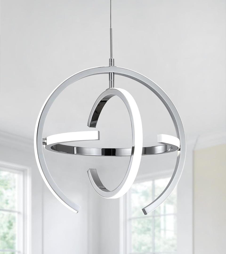 Q&S Modern Led Chandelier Chrome Silver Round Globe LED Hanging Pendant Light Fixtures for Entryway Kitchen Island Dining Room Living Room