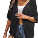 Women Crochet Cardigan Lightweight Thin Short Sleeve Casual Open Front Cardigan Cover (Black, S)