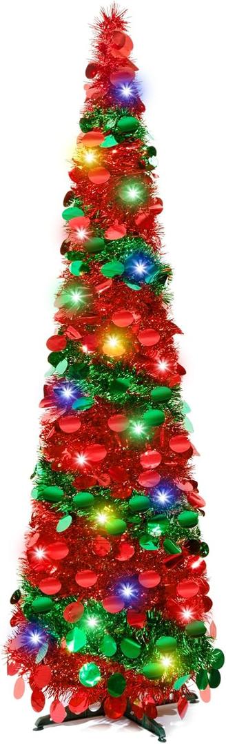 5Ft Pop Up Christmas Tree with Lights, Collapsible Pencil Tree Red Green, Skinny Christmas Tree Slim Xmas Tree, Artificial Tinsel Tree Foldable for Home Apartment Holiday Party Winter Decor