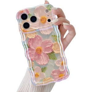 QLTYPRI Case for iPhone 17 Pro Max, Laser Colorful Retro Oil Painting Flower Pattern Cute Curly Wave Border Exquisite Phone Case for Girls Women, Shockproof TPU Protective Phone Cover - Green