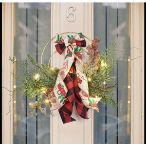 Mini Prelit Winter Wreath with Berry, Pine Leaf and Christmas Bowknot - 12 Inch Small Outdoor Wreath for Thanksgiving Holiday Wall Window Decorations