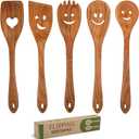MFC 5-Piece Wooden Cooking Spoons - Kitchen Set from Natural Cherry Wood - Wooden Spoons for Cooking - Funny Utensil Set with Smiley Faces - Cooking Multipurpose Wood Utensils