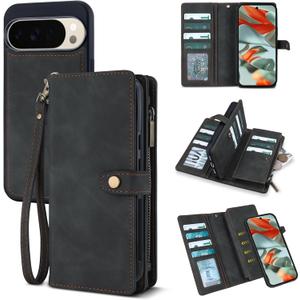 TwoHead for Google Pixel 10 Pro XL Wallet Case with Card Holder & Detachable Magnetic Pixel 10 Pro XL Case, PU Leather All-Round Protective Phone Cover,Black,6.8 in