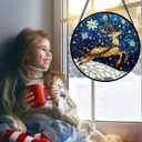 Stained Glass Window Hanging - Reindeer Blue Starry Sky Suncatcher for Doors Home Christmas Decoration Winter Sun Catcher Thanksgiving New Year Birthday Gifts for Women Men Mom Nana 6.3 in (Blue and Gold)