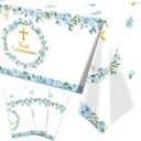 Pedenty 3-Piece 54 x 108 Inch First Communion Plastic Tablecloth Floral Cross Disposable Rectangle Table Covers for First Communion Party, Church Celebration, and Religious Table Decorations (Blue)