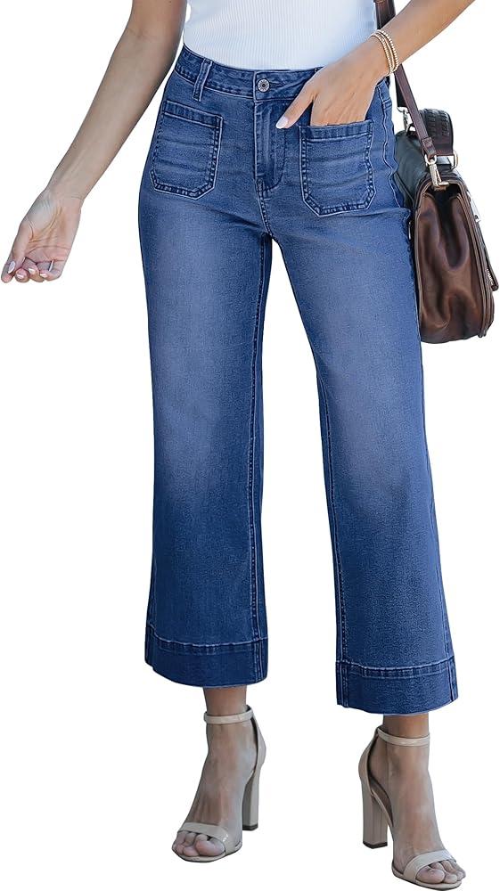 luvamia Wide Leg Jeans for Women Trendy High Waisted Flare Jeans Cropped Denim Pants Stretchy Baggy with Patch Pockets M