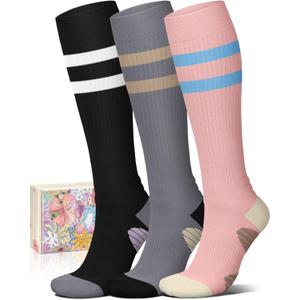 Iseasoo 4 Pairs Compression Socks for Women Circulation-Best Support for Nurses, Running, Athletic, Travel (Small-Medium, A0-3 Striped -Black+grey+pink)