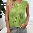 Saodimallsu Womens Crochet Sweater Vest Button Down Sleeveless Crew Neck Boho Knit Crop Tank Tops Summer Cardigans (Green, M)