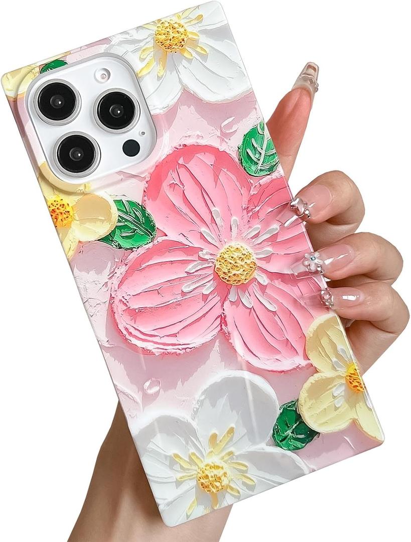 KERZZIL Elegent Girly 3D Flower Compatible with iPhone 15 Pro Rectangle Edge Case, Cute Floral Pattern Slim Soft TPU Protective Bumper Cases Cover(Pink,15 Pro)