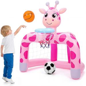 Soulchen 2 Set 2 in 1 Inflatable Toddler Basketball Hoop Soccer Goal Set, Giraffe Indoor Outdoor Sports Activity Center Toys for Kids, Baby Toddlers Birthday Gift for 1 2 3 4 5 Year Old Boys Girls